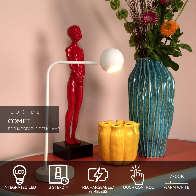 Lucide COMET - Dobíjacia stojaca lampa na čítanie - Batéria - LED Dim. - 1x3W 2700K - 3 StepDim - Biela